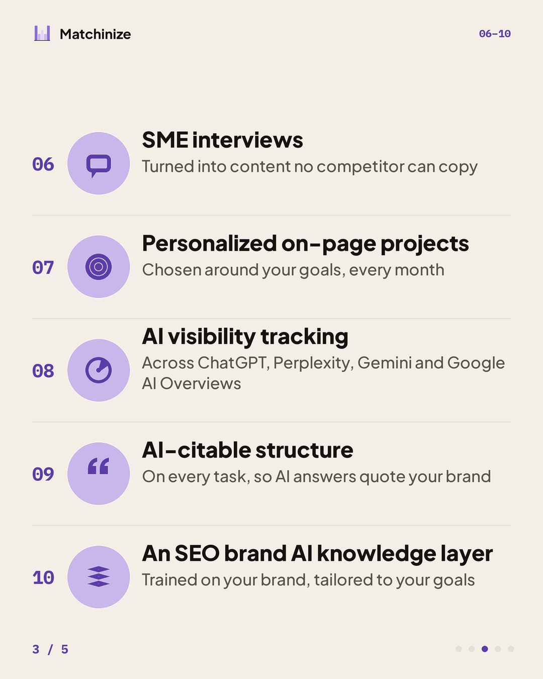 Items 6 to 10: SME interviews, personalized on-page projects, AI visibility tracking, AI-citable structure and a brand AI knowledge layer.